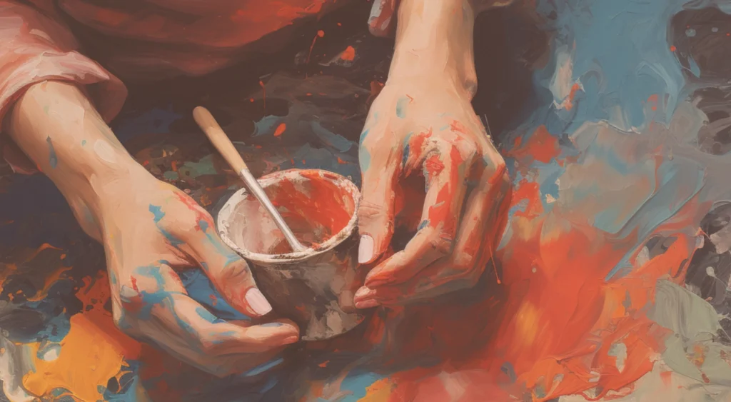 Magpie Mercantile | Support Artists, Inspire Change & Express yourself with one-of-a-kind designs | Resting Artist's hands covered in paint